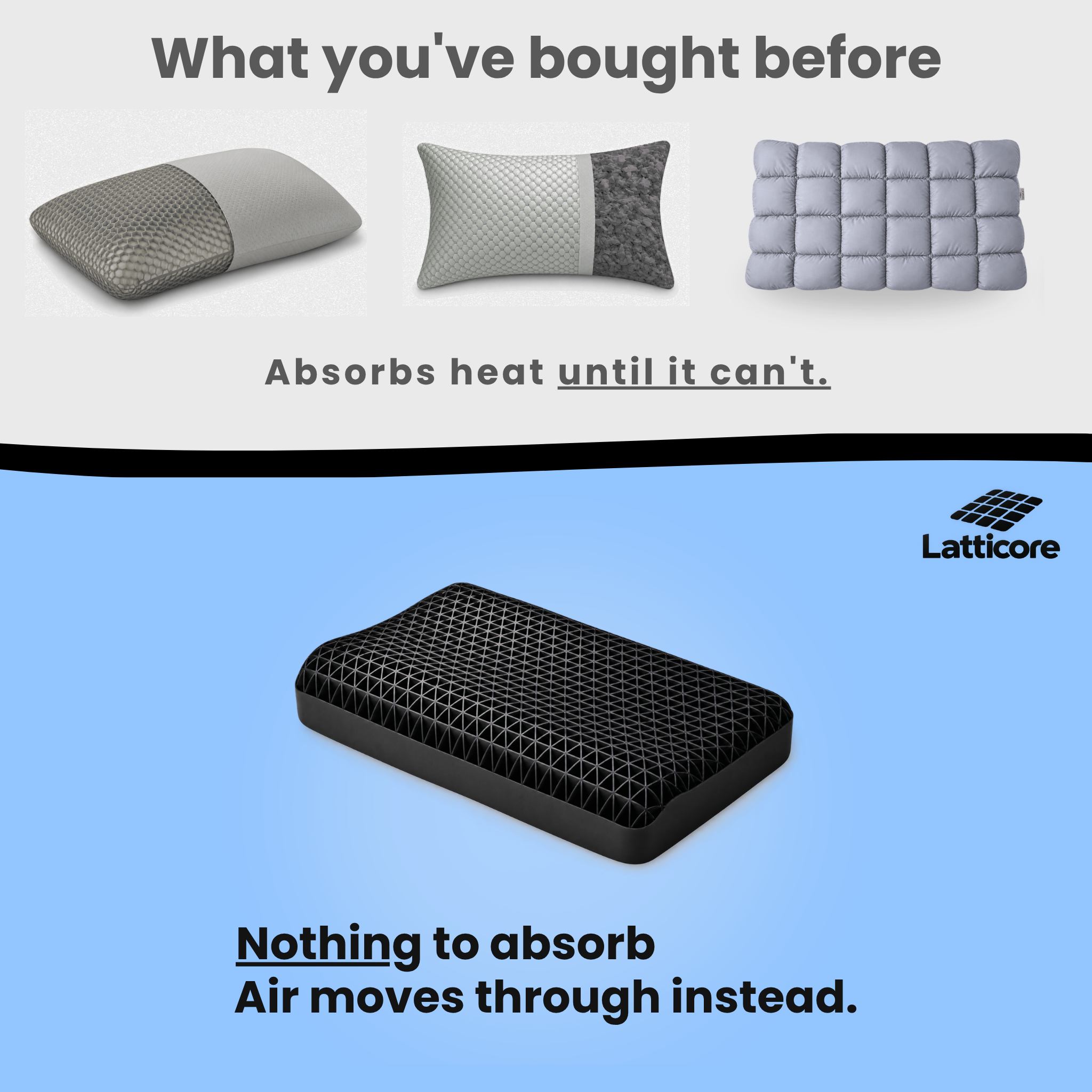 Latticore cooling grid pillow on a bed, breathes while you sleep