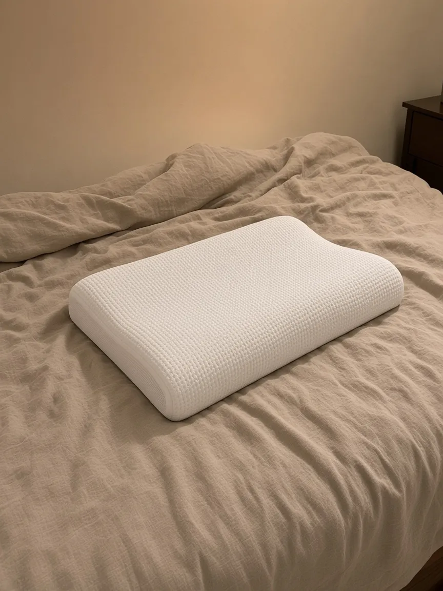 Customer photo of the Latticore pillow in its white cover on a beige duvet