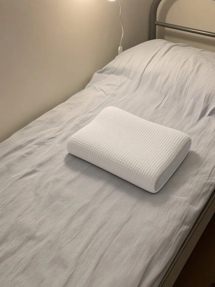 Customer photo of the Latticore pillow in its white cover on a small twin bed
