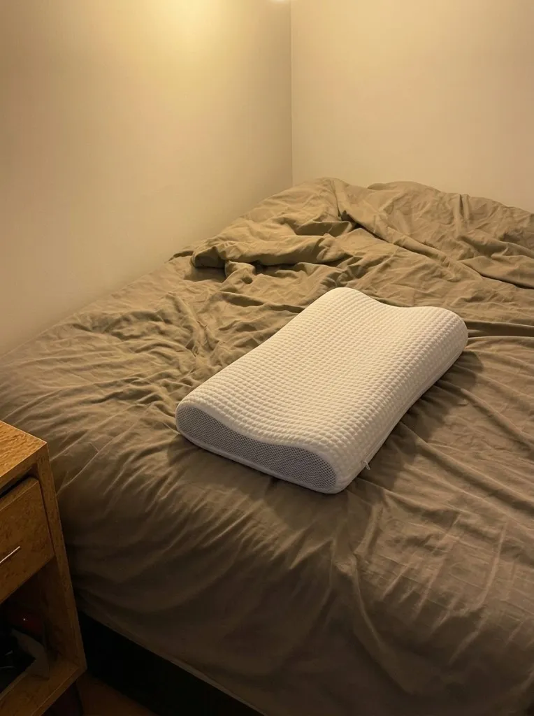 Customer photo of the Latticore pillow in its white cover on an unmade taupe bed