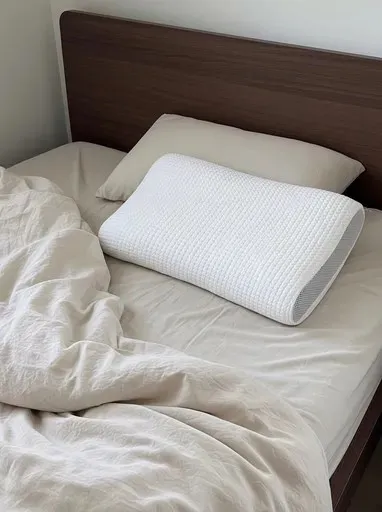 Customer photo of the Latticore pillow in its white cover on a messy bed