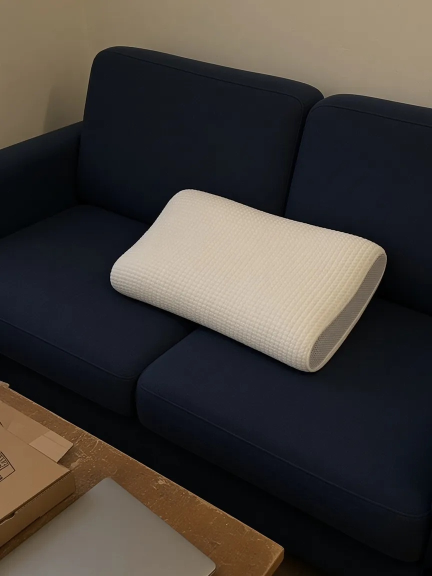 Customer photo of the Latticore pillow in its white cover on a navy couch